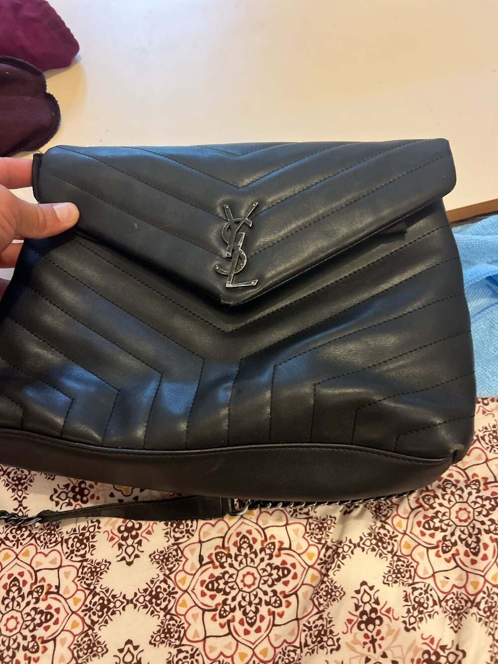 Saint Laurent Loulou Medium Black Chevron Leather Chain Shoulder Bag